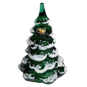Fenton Glass Christmas Tree Figurine 6.5" Lg Green Snow Frosted Gold Kitty Cat